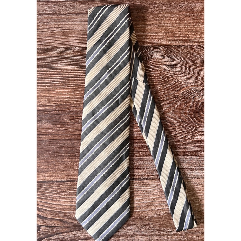 Hugo Boss Mens Striped Repp Tie Made in Italy Black Grey Buff Silk Necktie